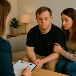 Hombre con síndrome de Down acompañado por su pareja durante una sesión de terapia. Ambos están sentados en un sofá, mostrando una actitud reflexiva y cercana, mientras la terapeuta toma notas con atención en un ambiente cálido y tranquilo.