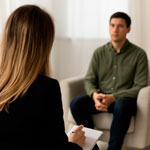 Psicóloga en Gran Canaria acompañando a un paciente con ansiedad durante una sesión de terapia individual. El paciente muestra señales leves de inquietud mientras es escuchado en un entorno profesional, luminoso y calmado.