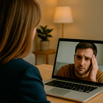 Terapeuta de espaldas frente a un ordenador portátil durante una sesión de terapia online. En la pantalla se ve el rostro de un paciente, en un entorno tranquilo y con luz natural, transmitiendo un ambiente íntimo y profesional.