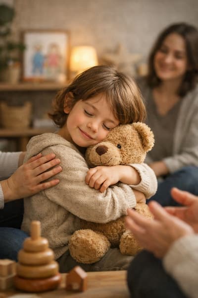 Niño pequeño abrazando un peluche mientras es sostenido emocionalmente por personas adultas, representando la seguridad del vínculo en el desarrollo de la autoestima infantil.
