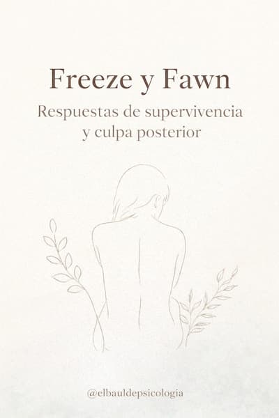Ilustración minimalista de una figura encogida con el título “Freeze y Fawn: respuestas de supervivencia y culpa posterior” sobre fondo beige y firma @elbauldepsicologia.