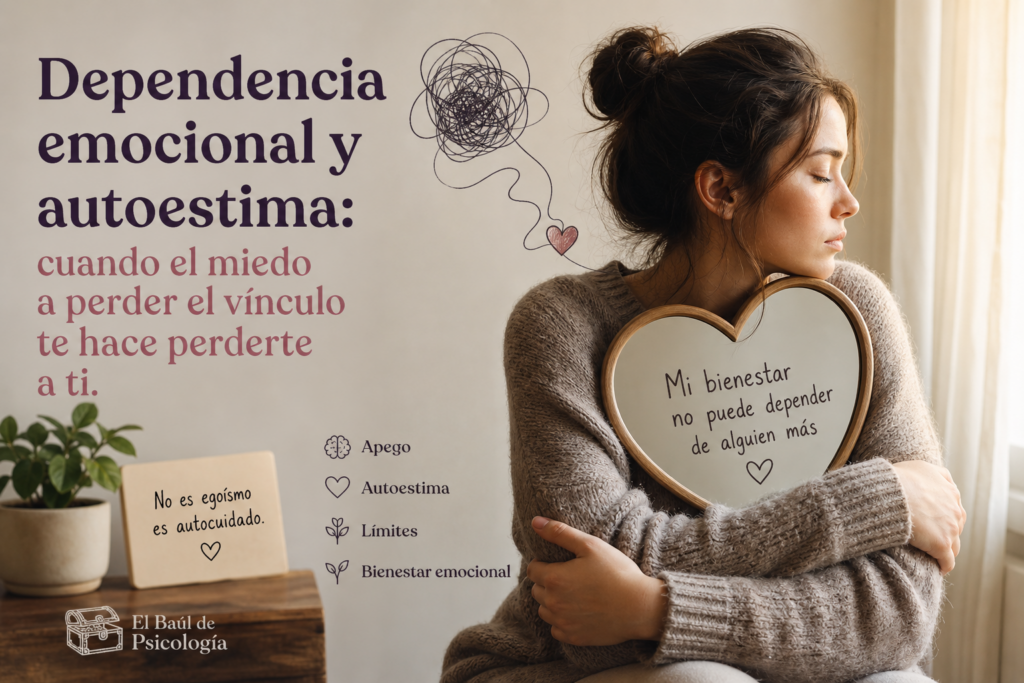 Imagen cálida y editorial para un artículo sobre dependencia emocional y autoestima. Muestra a una mujer en actitud introspectiva abrazando un espejo en forma de corazón, con elementos visuales relacionados con apego, límites, autoestima y bienestar emocional.