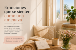Espacio cálido y luminoso con plantas, cuaderno y libros sobre regulación emocional para ilustrar emociones que se sienten como una amenaza